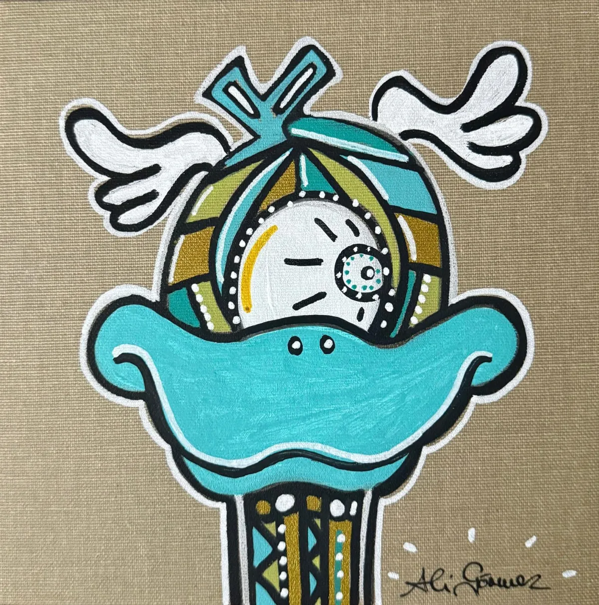 „Focky 2 – Edition November 2025“ von Ali Görmez: Pop-Art-Ente mit Fokus-Auge, Acryl auf naturfarbener Malplatte 20 × 20 cm.