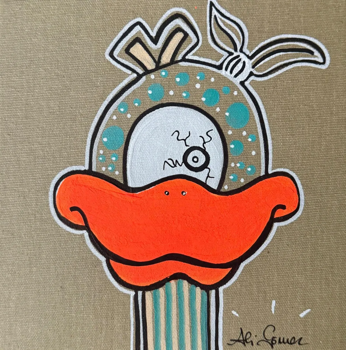 Tobi Kadachi – Matriarch, Unikat-Kunstskulptur aus Kunstharz (Resin) von Winton Afrić: blaues Kreaturenwesen schützt drei Jungtiere auf wurzelartiger Basis.