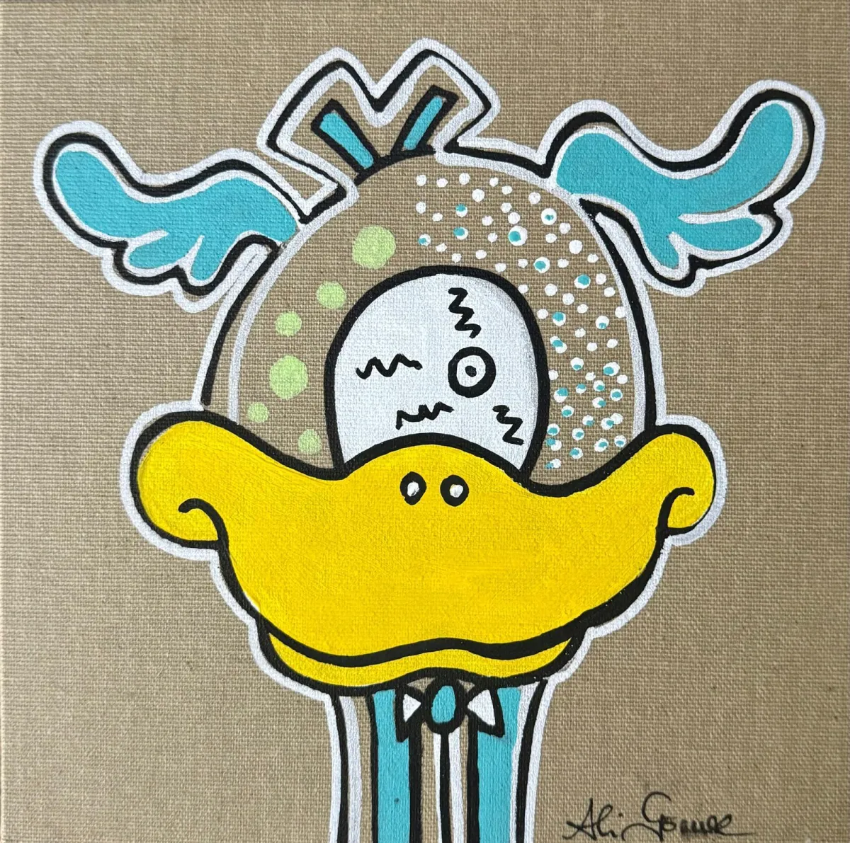 Keras – Unikat-Kunstskulptur von Winton Afrić: aufbäumende, pferdeähnliche Kreatur mit Dornreihe aus Resin (Kunstharz) auf Basis, vor schwarzem Hintergrund.