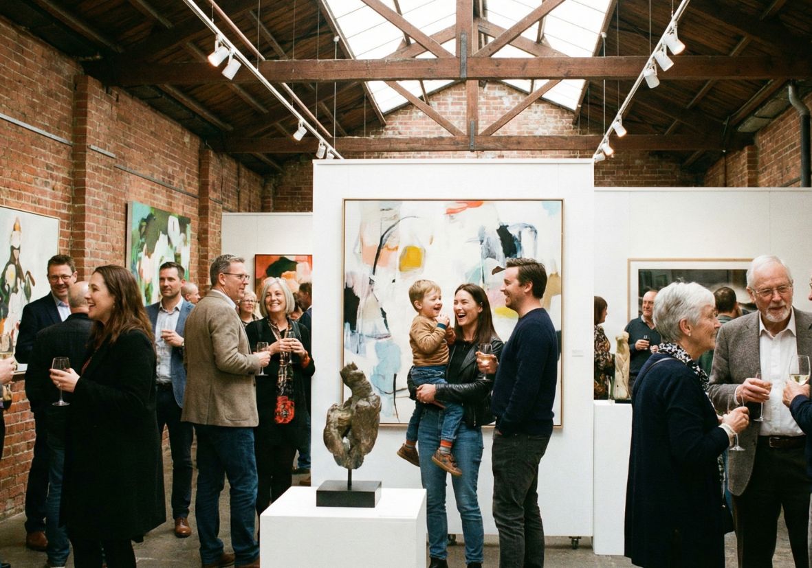 Eine belebte Vernissage in einer geräumigen Kunstgalerie mit Backsteinwänden und hohen Decken. Zahlreiche Besucher halten Weingläser, unterhalten sich und betrachten zeitgenössische Gemälde an den Wänden. Im Zentrum lacht eine Familie mit einem kleinen Kind auf dem Arm vor einem großen, abstrakten Kunstwerk.