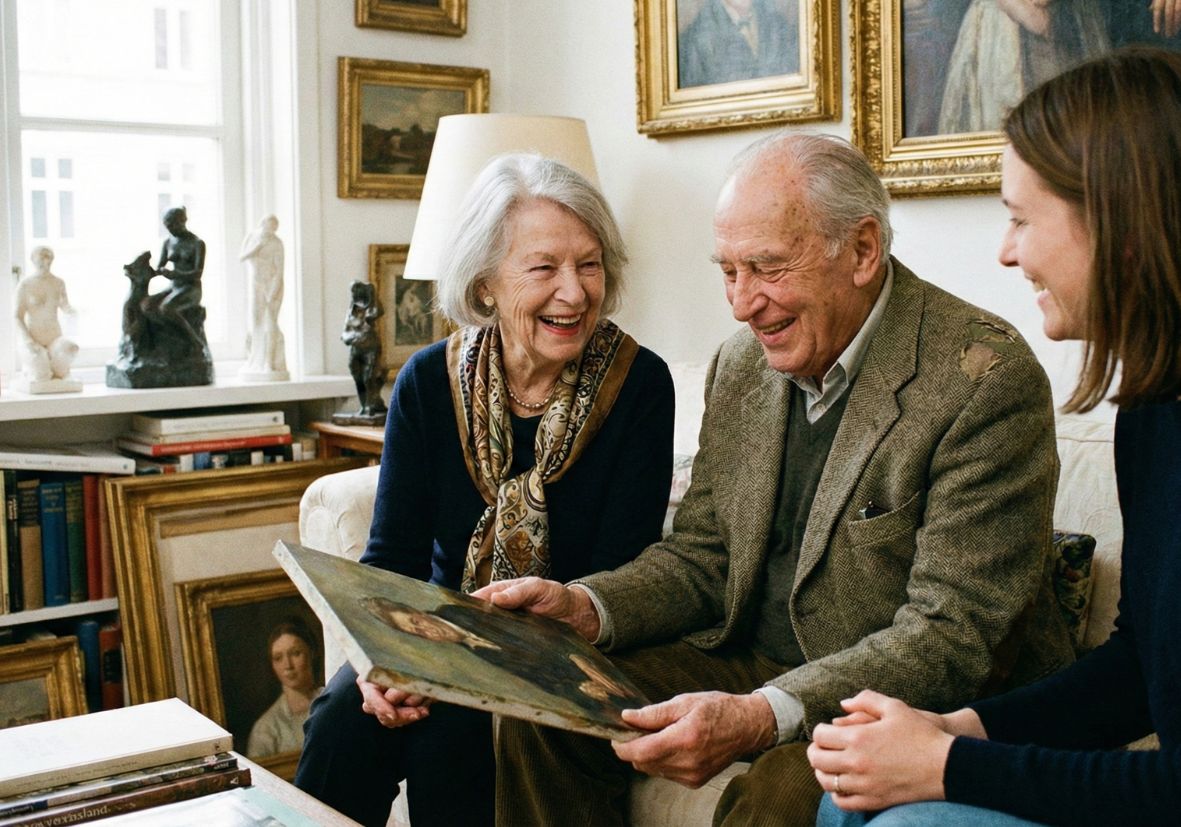 Ein älteres Ehepaar sitzt lächelnd auf einem Sofa in einem gemütlichen, mit zahlreichen gerahmten Gemälden und Skulpturen gefüllten Wohnzimmer. Der Mann hält ein kleines, älteres Ölporträt in den Händen und betrachtet es freudig gemeinsam mit einer jüngeren Frau, die neben dem Sofa kniet.