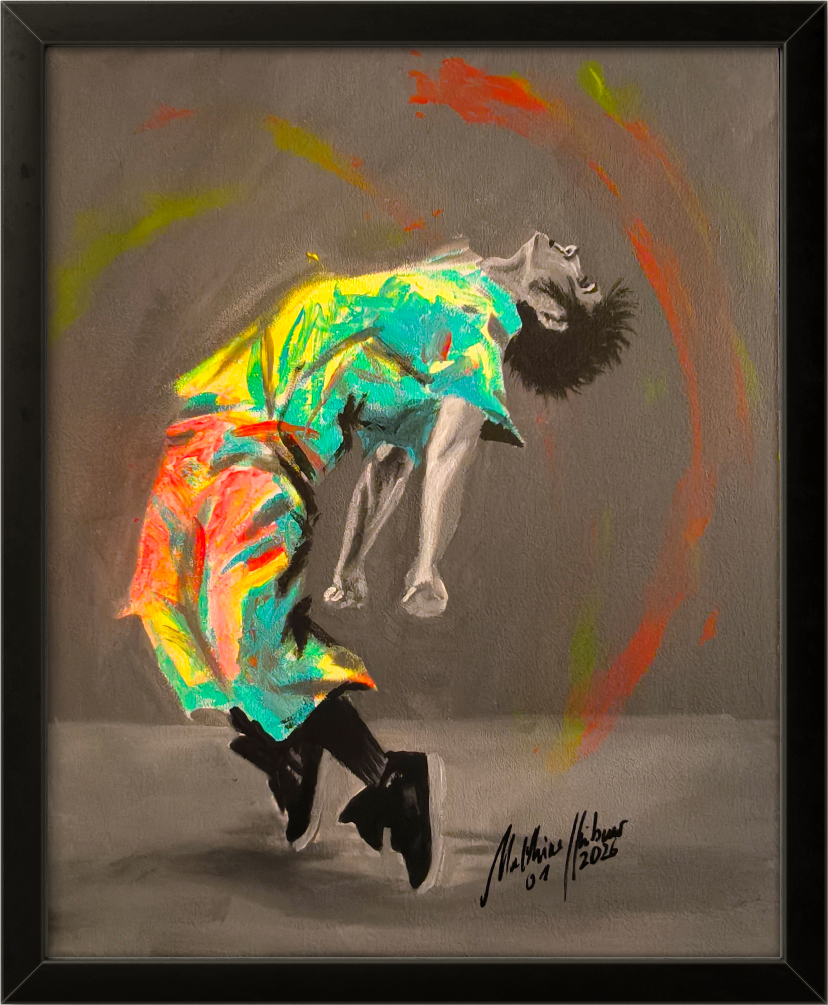 Zeitgenössisches Gemälde „Tanz“ von Matthias Hübner: Eine einzelne Figur in starker Rückbeuge, teils grau ausgearbeitet, teils von leuchtenden Farben in Türkis, Gelb, Pink und Orange überzogen; expressive Bewegung auf neutralem Hintergrund, Acryl auf Malkarton, 2026.