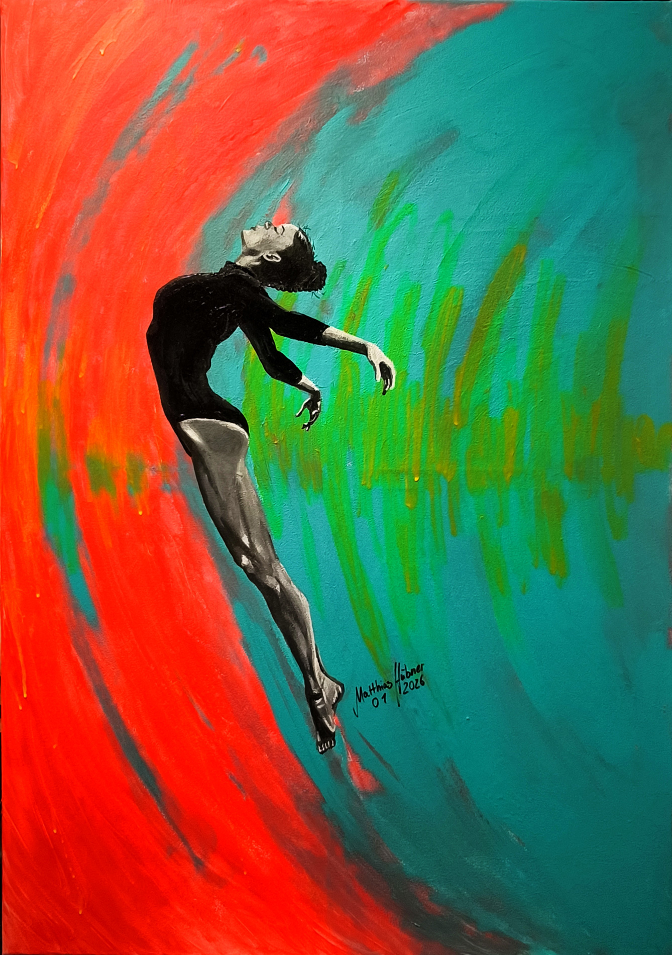 Zeitgenössisches Gemälde „Ton“ von Matthias Hübner: Eine schwebende menschliche Figur in rückwärts geneigter Haltung vor einem kraftvollen Farbgrund aus Rot, Türkis und grünen Linien; ausdrucksstarke Körperdarstellung, Acryl auf Leinwand, 2026.