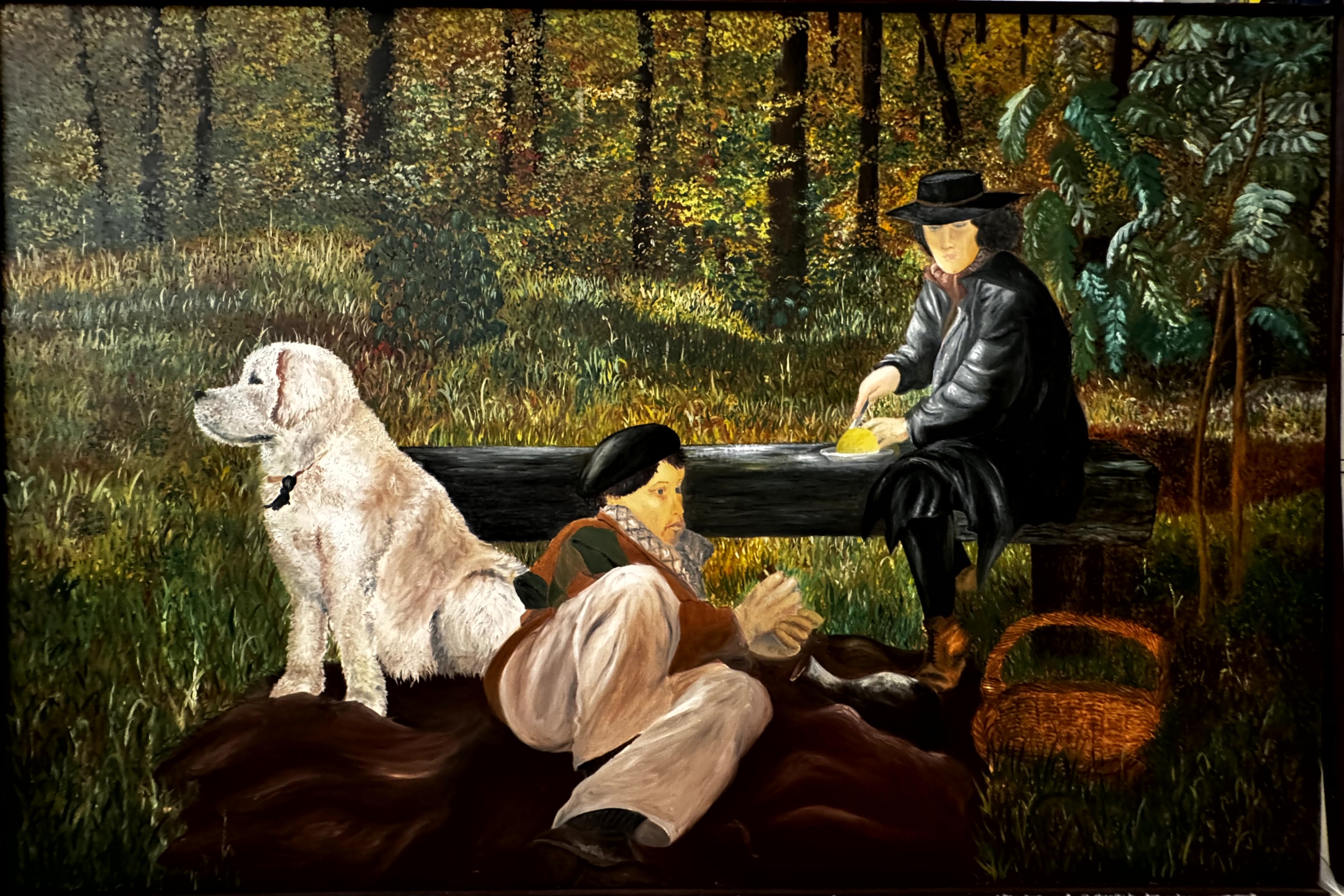Gemälde „Picnic“ von Rufina Blache: herbstliches Picknick im Wald mit zwei Figuren, weißem Hund, Picknickkorb und Baumstamm vor golden-grünem Laub, figurative Szene in warmen Naturtönen.