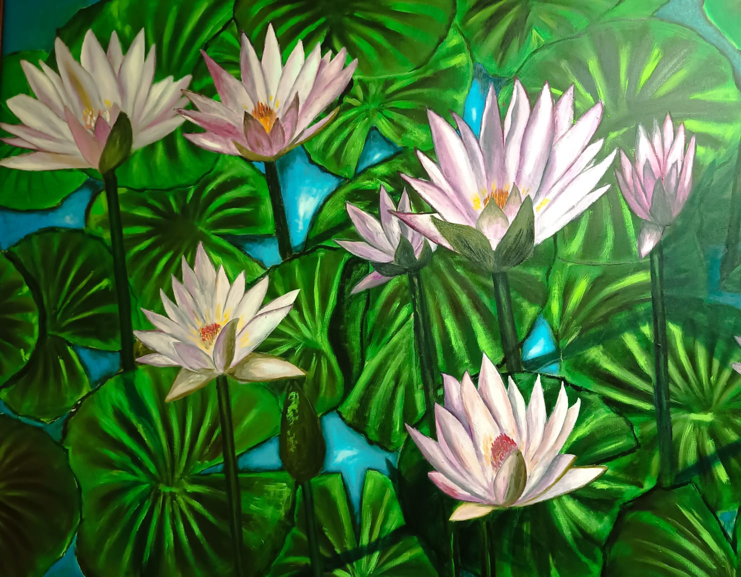 Ölgemälde „Water Lilies“ von Rufina Blache: weiße Seerosen mit roséfarbenen Nuancen über türkisblauem Wasser, umgeben von großen grünen Seerosenblättern, Öl auf Leinwand 60×80 cm.