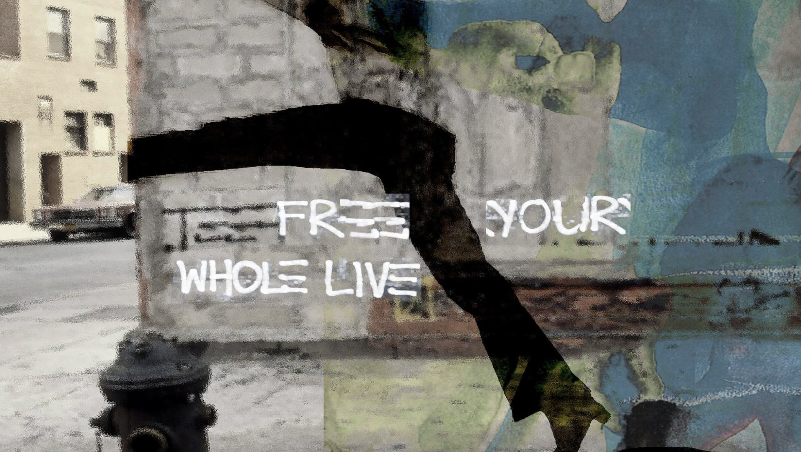 Zeitgenössische Mixed-Media-Collage „Free Your Whole Life“ von Olli Boehm: Urbane Architektur mit überlagertem Schriftzug „FREE YOUR WHOLE LIFE“ und schwarzer Silhouettenfigur; fragmentierte Stadtansicht in Grau-, Ocker- und Blautönen mit typografischen Elementen.