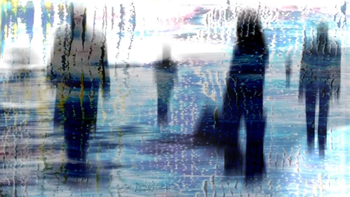 Olli Boehm, digitale Fotokunst „Piazza dell’Opera“: abstrakte urbane Szene in Blau-Türkis mit dunklen Silhouetten, Spiegelungen und Tropfspuren, moderne Mixed-Media-Textur.
