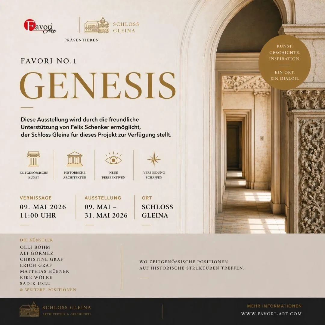 Ausstellungsplakat „GENESIS“ im Schloss Gleina mit Informationen zu Vernissage und Künstlern von Favori Art, vor dem Hintergrund historischer Architektur und Bögen