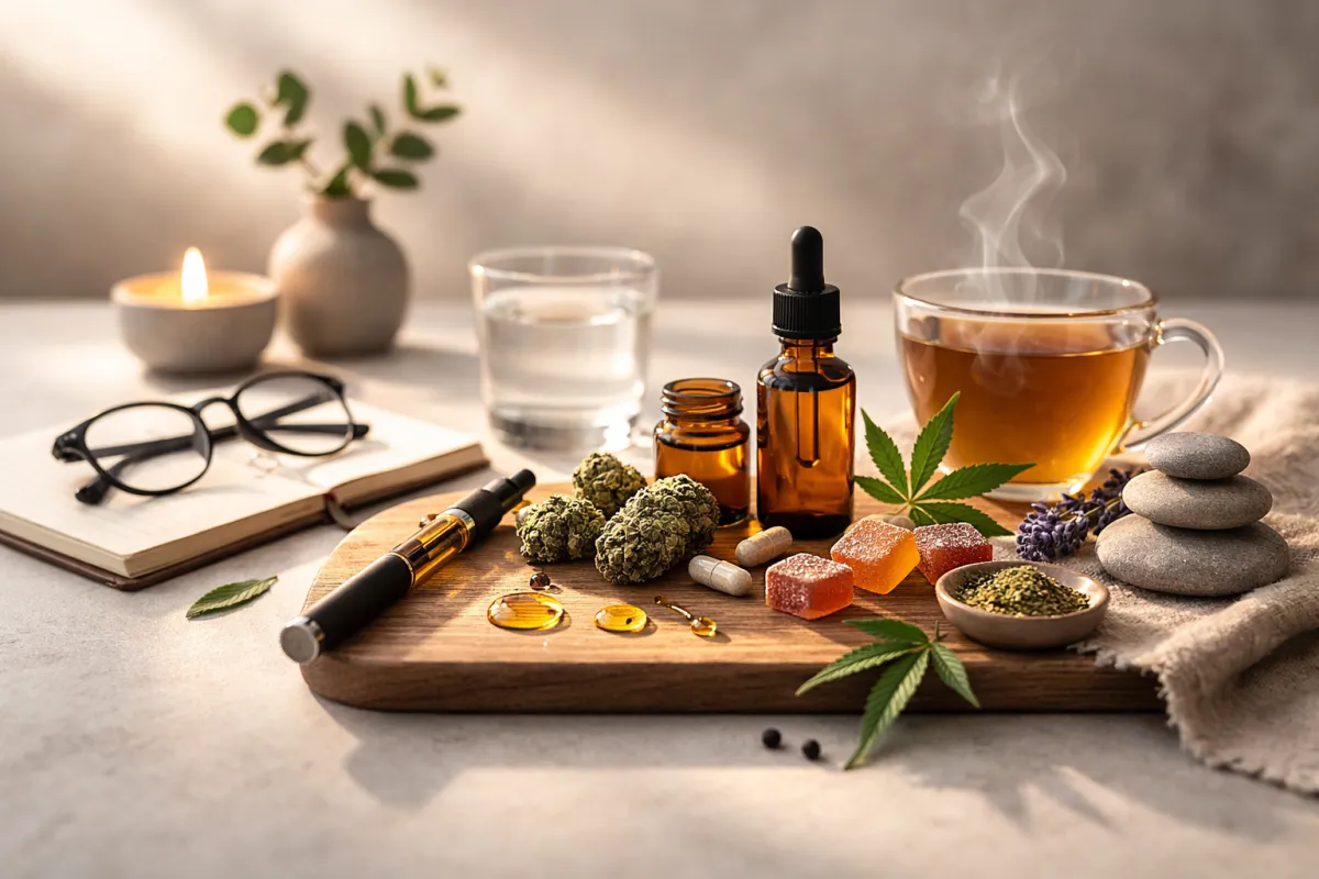 Careful dosing setup with amber jar, notebook, and measuring spoon on a white-clothed table.