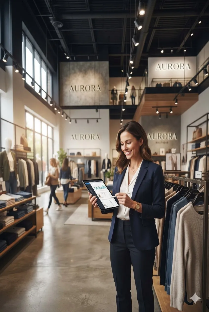 Commercial portrait of a focused business owner reviewing financial metrics on a tablet inside their business