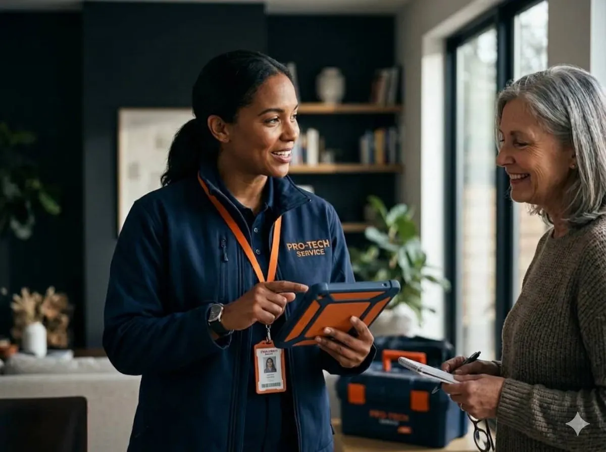 Professional contractor and service technician consulting with clients using digital tablet