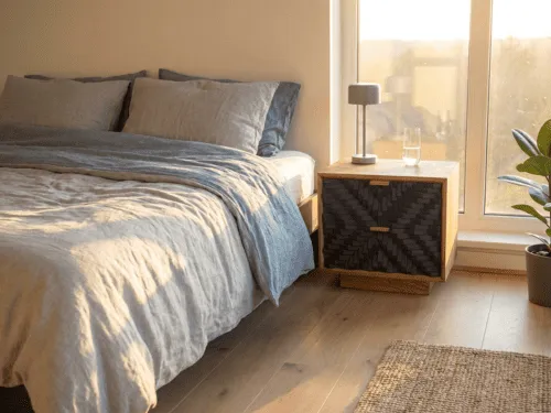 Snedkerdesignet natbord med blå detaljer