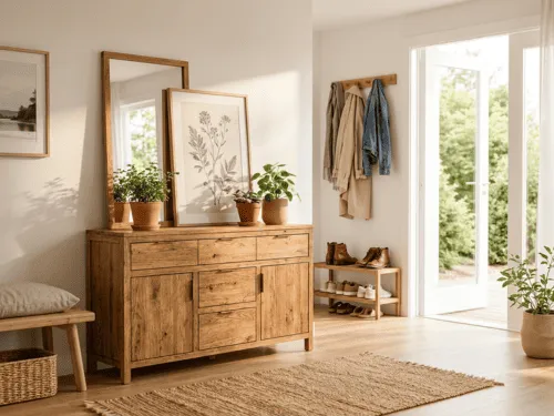 Lys entré med træmøbler, inspireret af den bohemiske stil