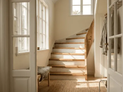 Vinkeltrappe i entré i to etagers hus