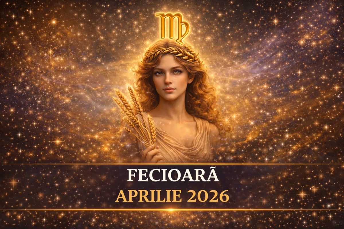 Fecioară aprilie 2026 – ilustrație astrologică feminină pe fundal cosmic