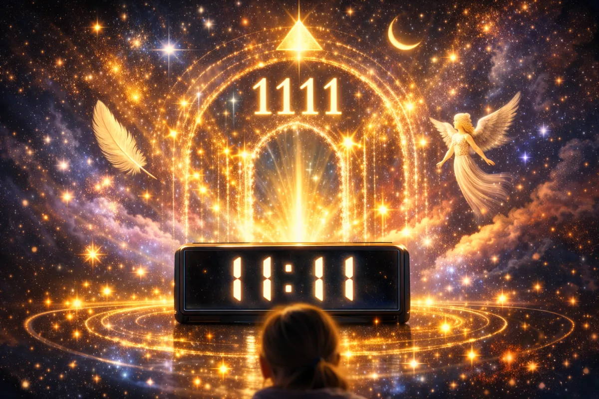 Ilustrație spirituală cu ora 11:11 pe un ceas digital, portal luminos și simboluri angelice