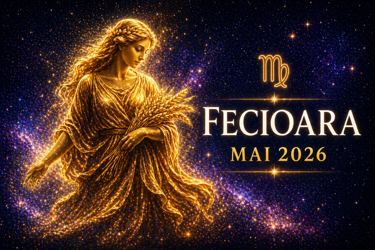 Horoscop Fecioară Mai 2026 – imagine astrologică cu simbolul Fecioarei în decor cosmic auriu