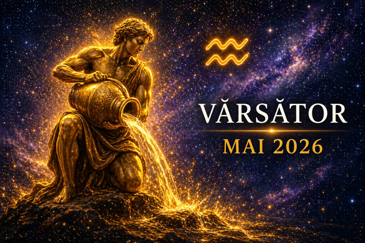 Horoscop Vărsător Mai 2026 cu purtătorul de apă auriu pe fundal cosmic și simbolul zodiei Vărsător