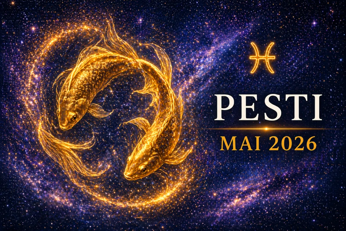Horoscop Pești Mai 2026 cu doi pești aurii pe fundal cosmic și simbolul zodiei Pești