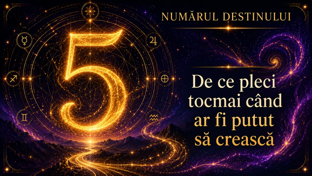 Imagine cosmică pentru Numărul Destinului 5, cu simbol auriu și titlu despre libertate și creștere.