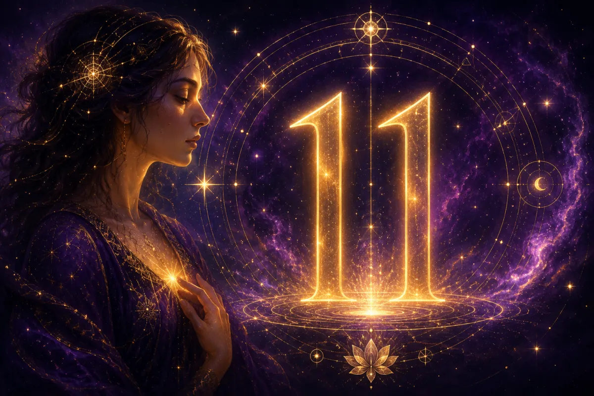 Ilustrație cosmică premium cu o femeie intuitivă și cifra 11 aurie luminoasă, pe fundal astrologic violet-închis și auriu, pentru articolul despre femeia cu Cifra Destinului 11.