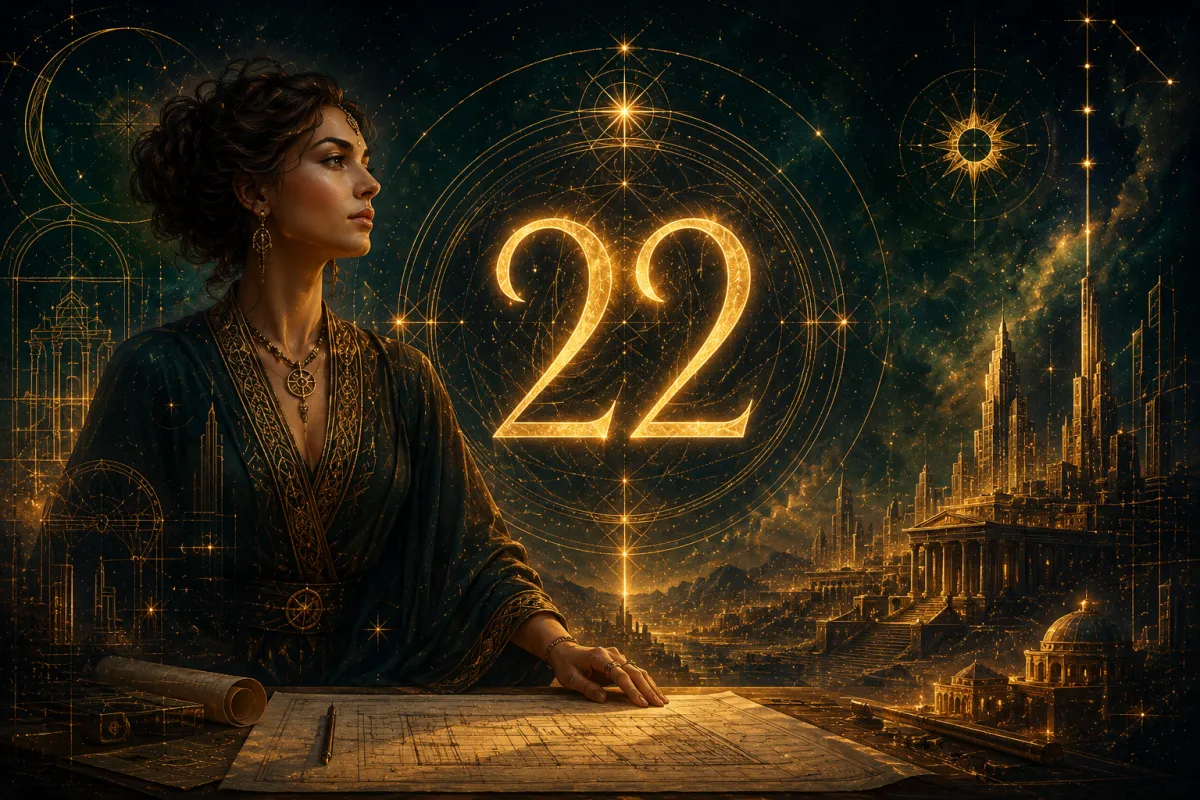 Ilustrație premium cu o femeie în decor cosmic-auriu și numărul 22 luminos în centru, simbolizând cifra destinului 22.