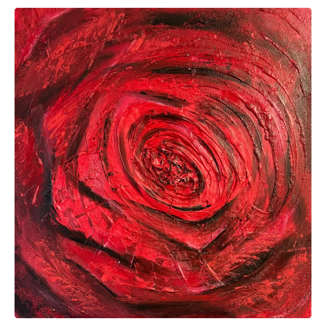 Tableau abstrait moderne rouge intense évoquant une rose, peinture abstraite contemporaine de l’artiste du Var.
