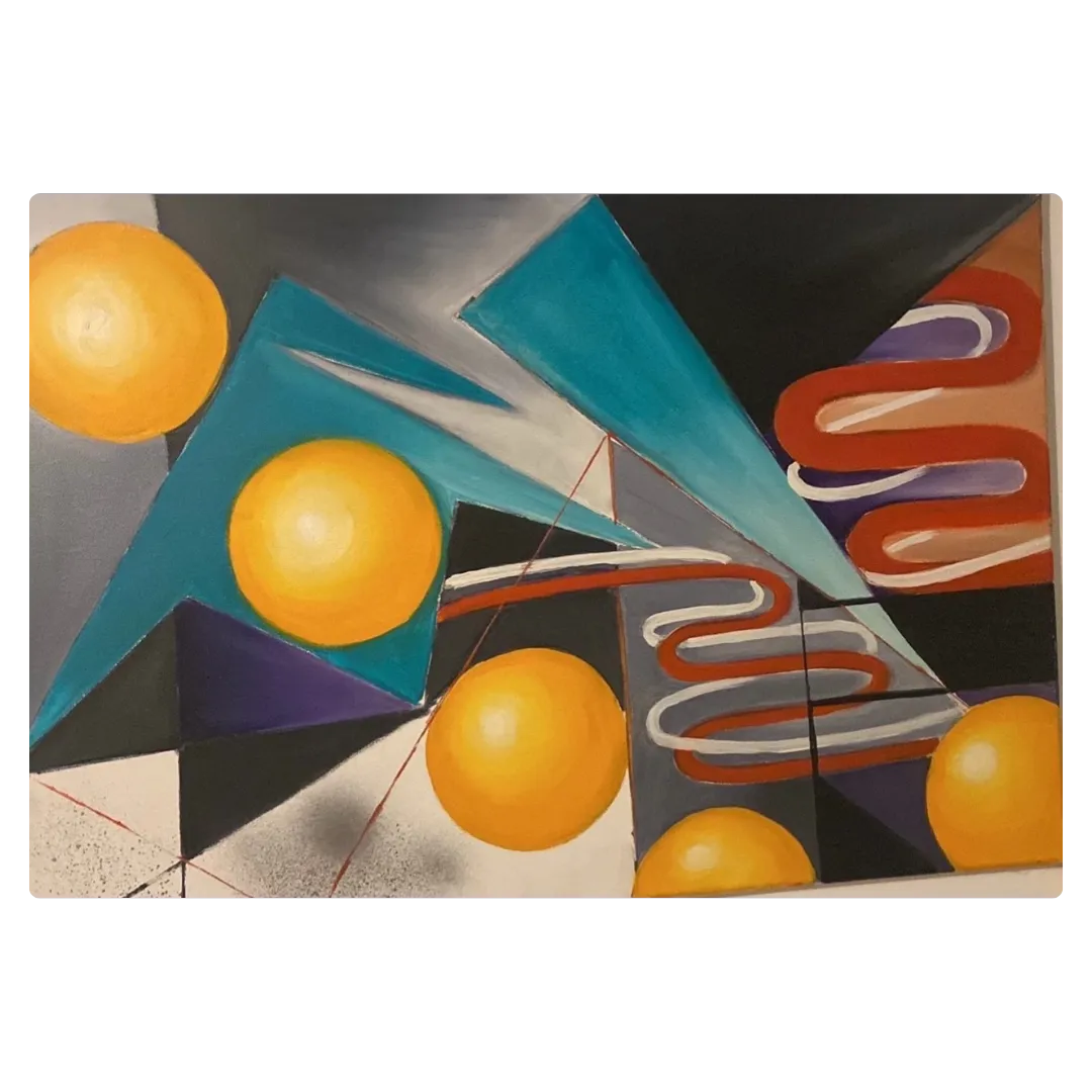 Tableau abstrait moderne aux formes géométriques et sphères dorées, peinture abstraite contemporaine aux couleurs vives.