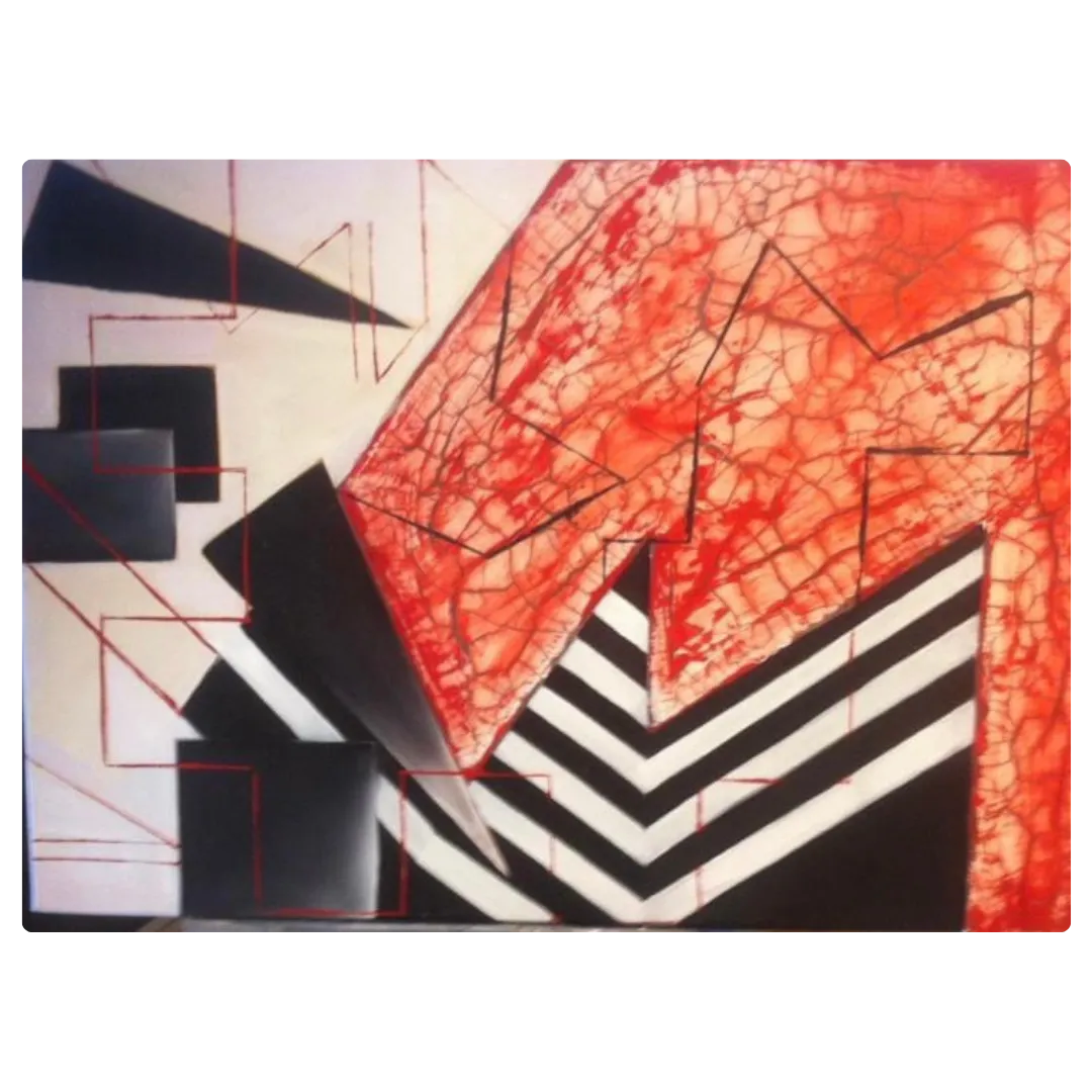 Tableau abstrait moderne rouge, noir et blanc, effets craquelés et lignes géométriques, peinture abstraite contemporaine.