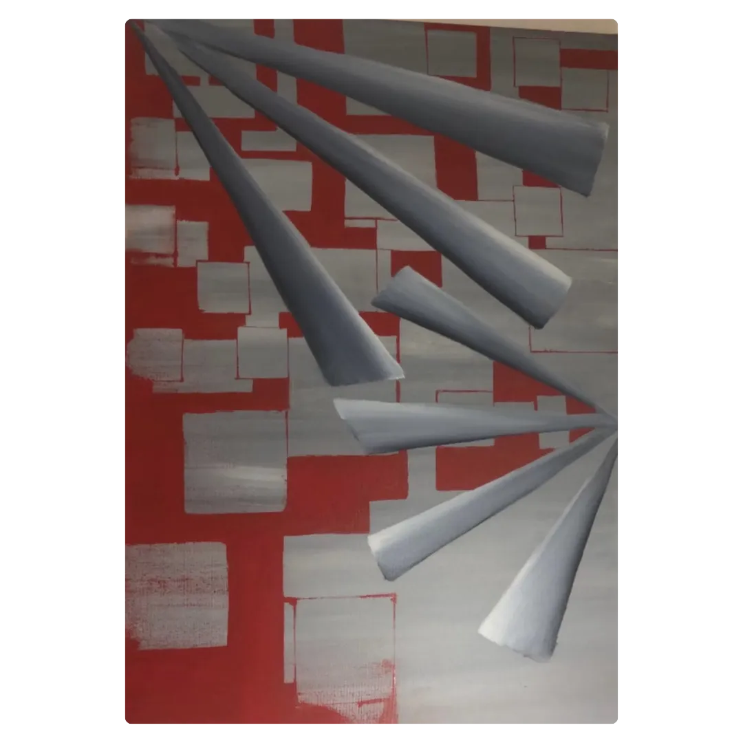Tableau abstrait moderne rouge et gris, formes géométriques en mouvement, peinture abstraite contemporaine dynamique.