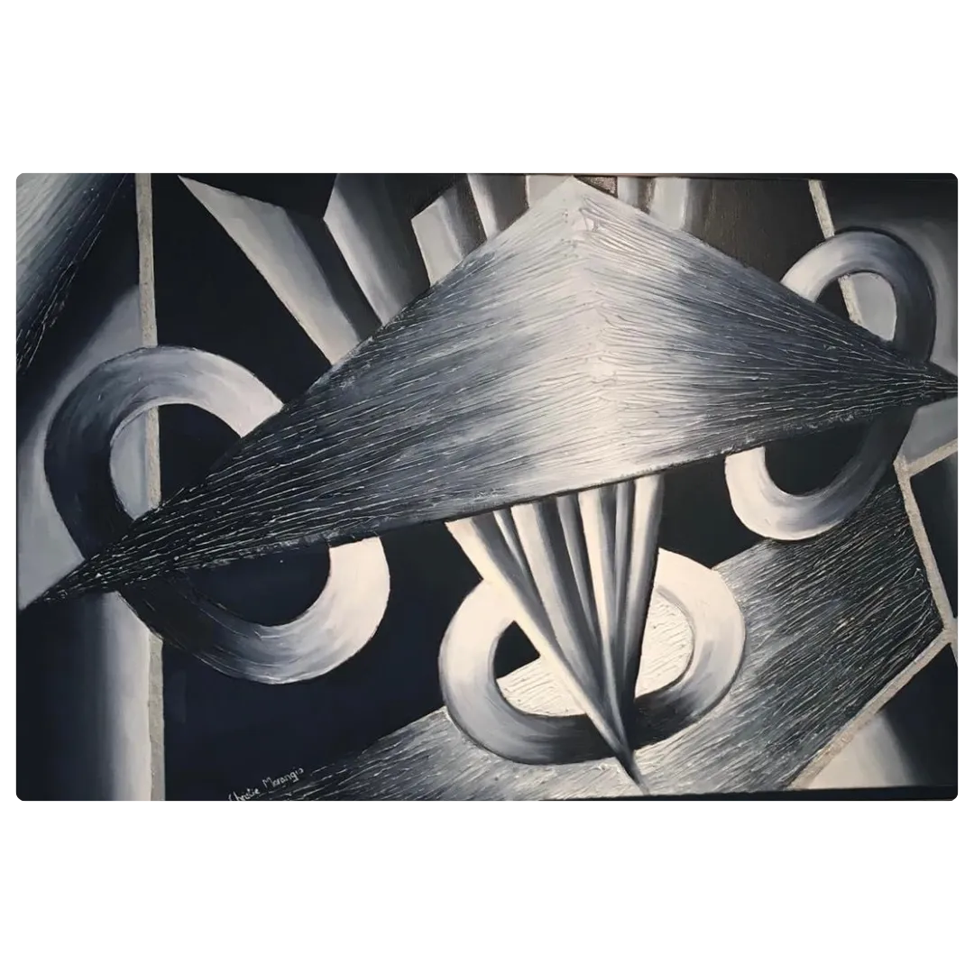 Tableau abstrait moderne noir et argent, formes géométriques dynamiques en relief, peinture abstraite contemporaine.