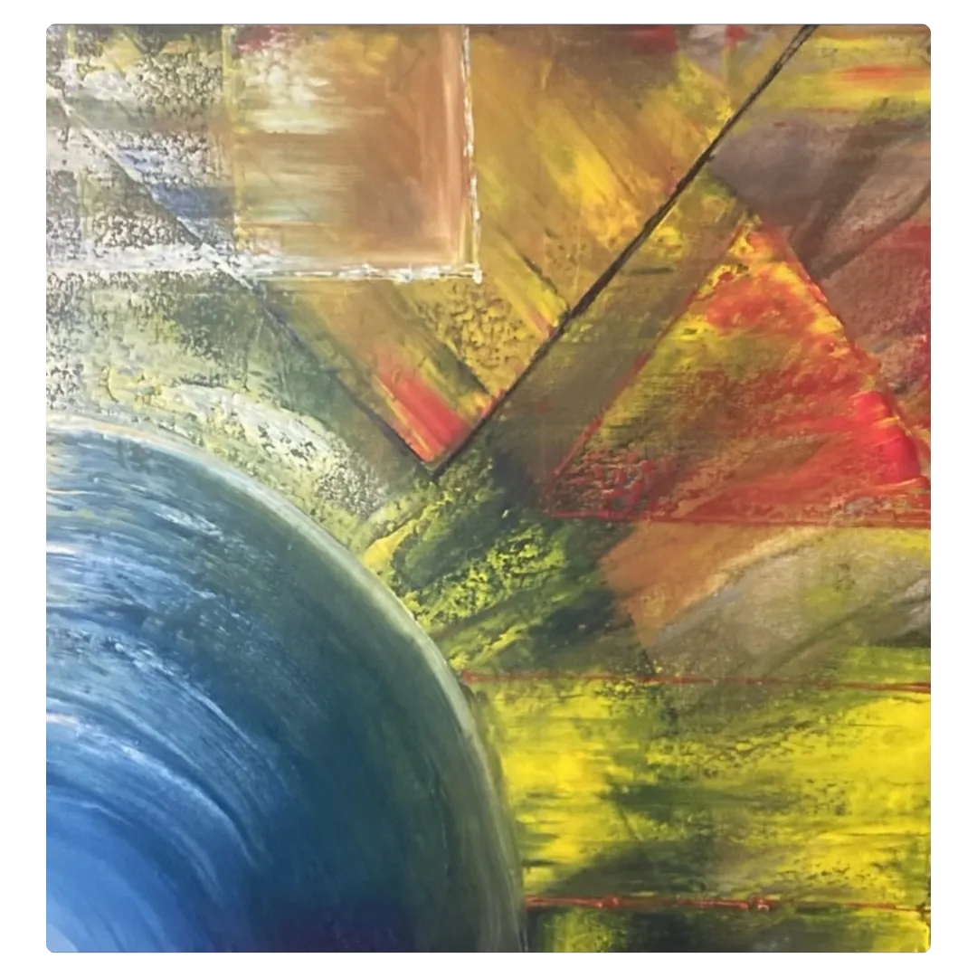 Tableau abstrait coloré inspiré des paysages australiens, mélange vibrant de bleu, jaune et ocre.