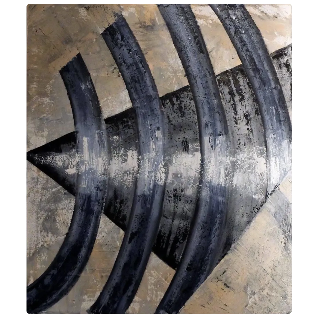 Tableau abstrait noir et beige à la texture forte, symbolisant une percée d’énergie et de puissance.