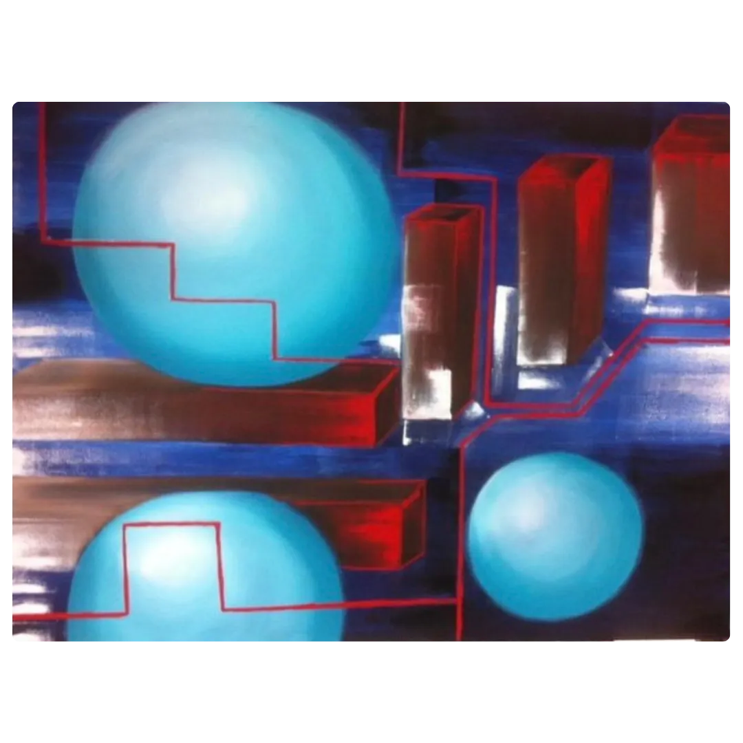 Tableau abstrait moderne bleu et rouge, sphères lumineuses et lignes architecturales, peinture abstraite contemporaine.