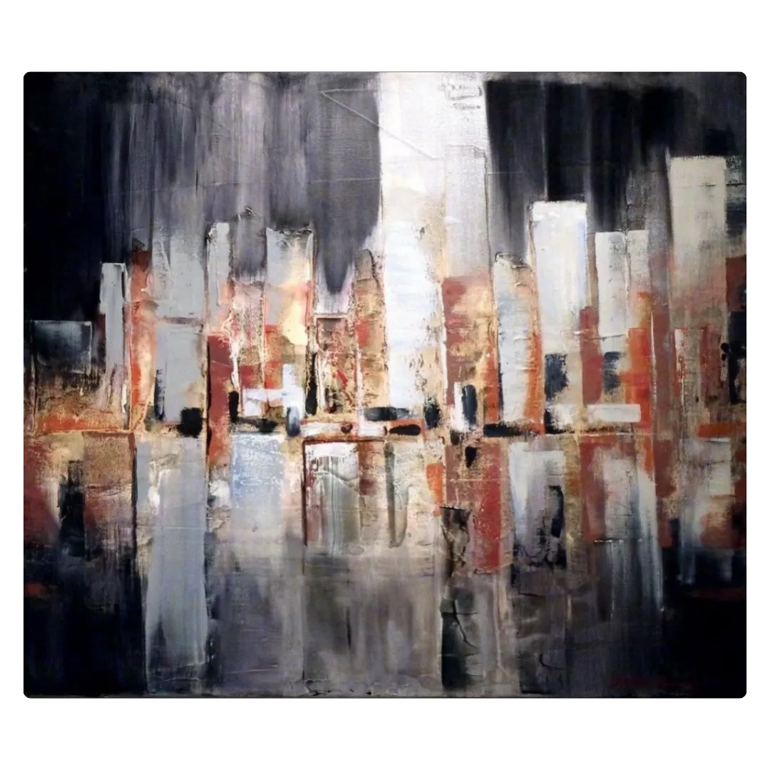 Tableau abstrait moderne aux tons gris, ocre et noir, effet de reflets verticaux, peinture abstraite contemporaine en relief.