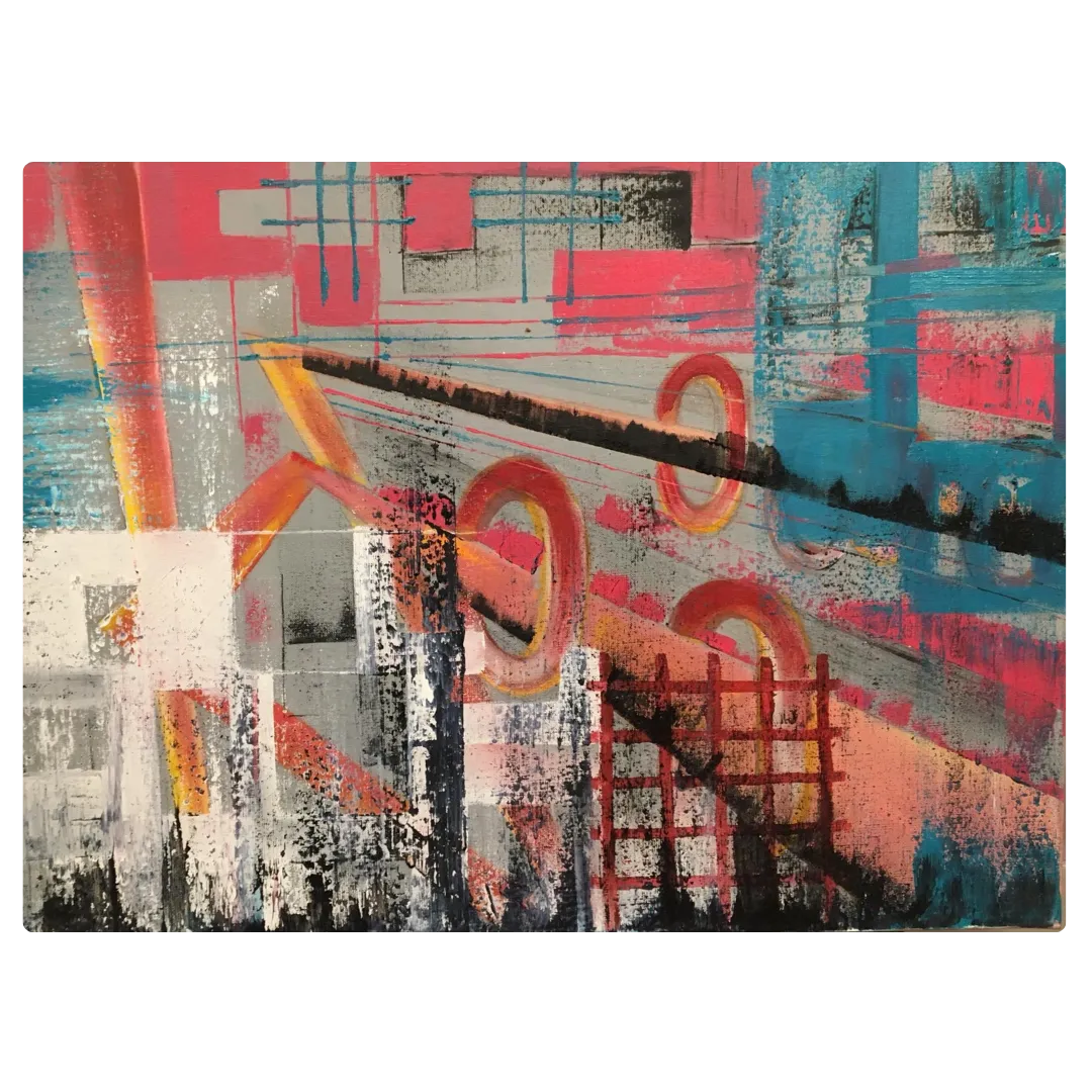 Tableau abstrait coloré aux formes géométriques et calculées, mélange de rigueur et de créativité.