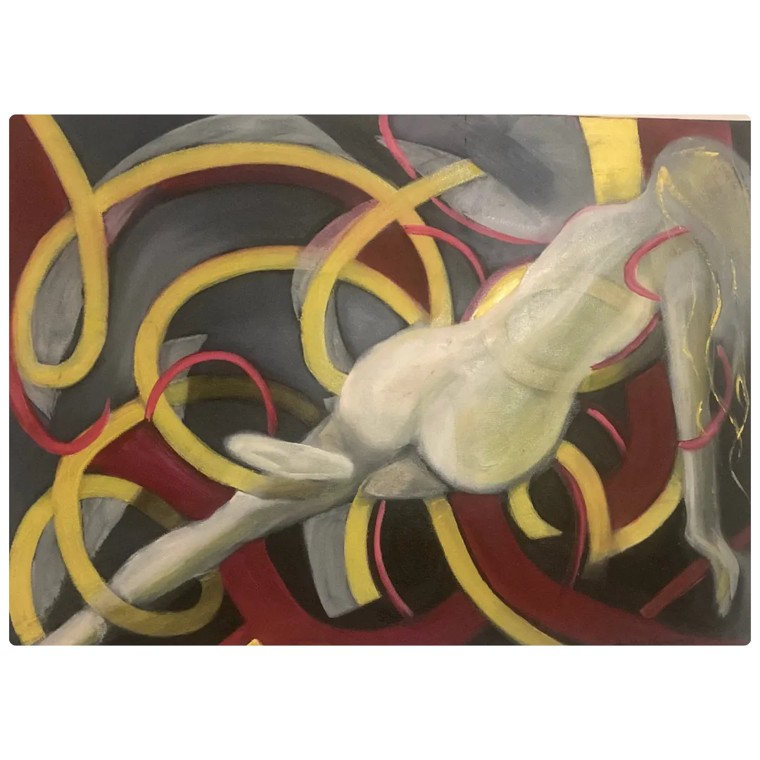 Tableau abstrait moderne représentant une silhouette féminine sur fond de courbes jaunes et rouges, peinture abstraite contemporaine.