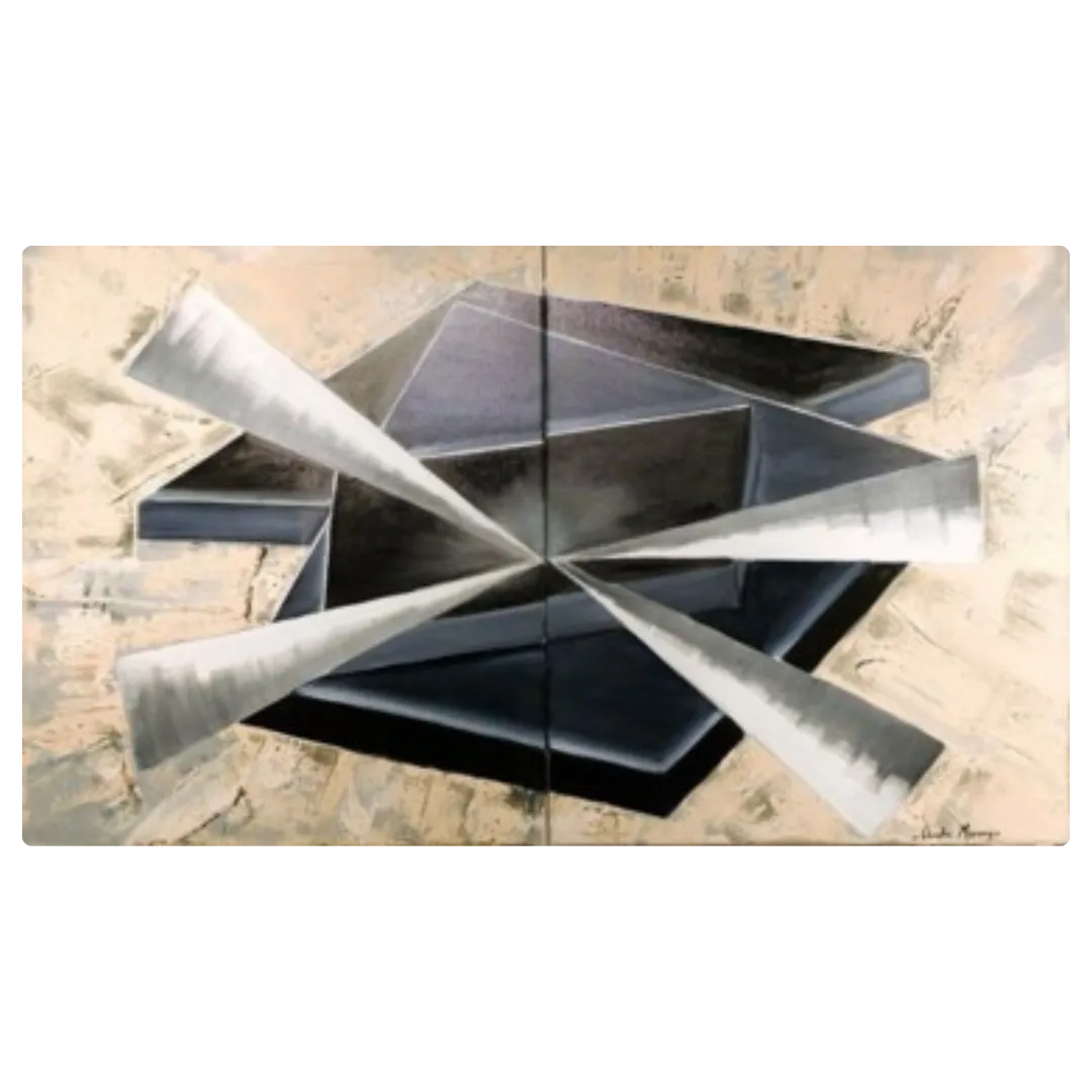 Tableau abstrait moderne en dégradés de gris et beige, formes géométriques éclatées, peinture abstraite contemporaine diptyque.