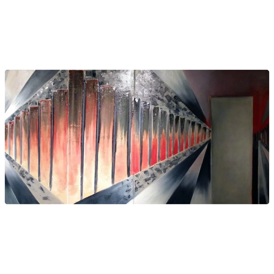 Tableau abstrait moderne rouge, gris et noir, effet de perspective vers une porte lumineuse, peinture abstraite contemporaine.