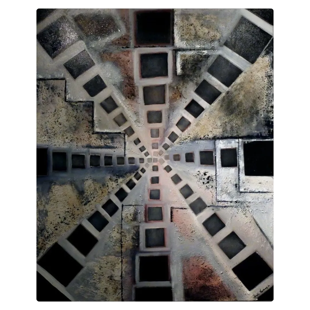 Peinture abstraite contemporaine jouant sur la profondeur et la symétrie, effet visuel hypnotique.