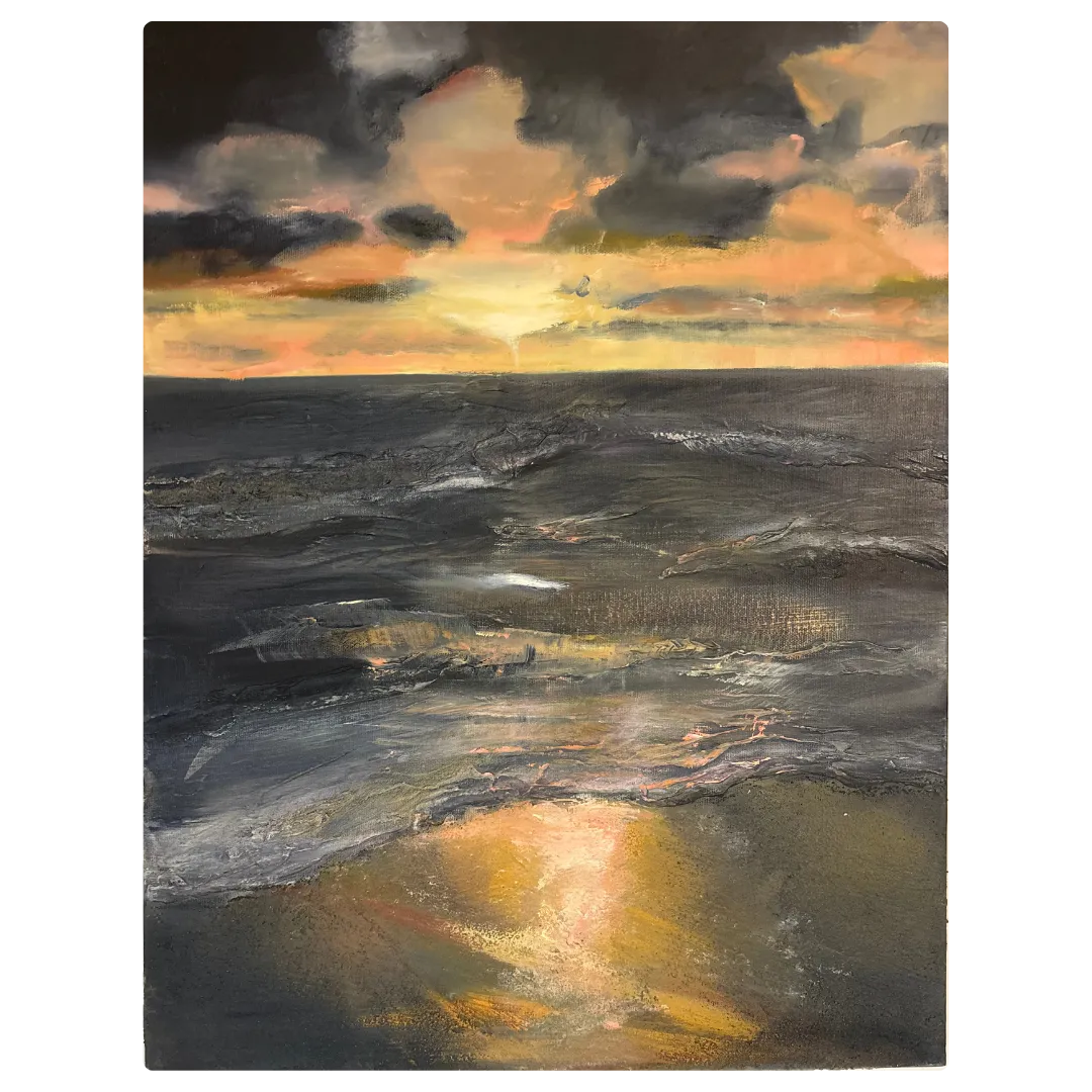 Peinture paysage méditerranéen capturant un coucher de soleil doré sur la mer, œuvre originale à l’huile.