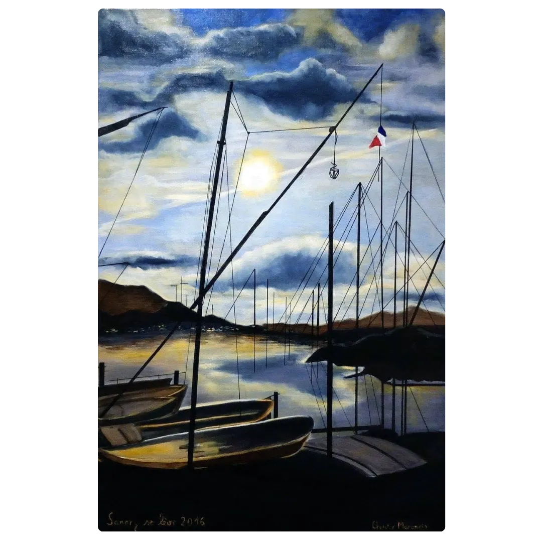 Peinture marine contemporaine aux reflets du matin, barques et lumière sur le port de Sanary-sur-Mer.