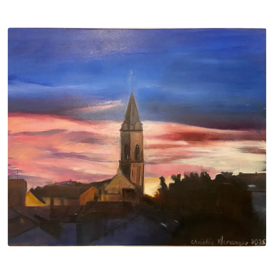 Tableau mer Provence mettant en valeur le clocher de Sanary-sur-Mer sous un ciel coloré et apaisant.