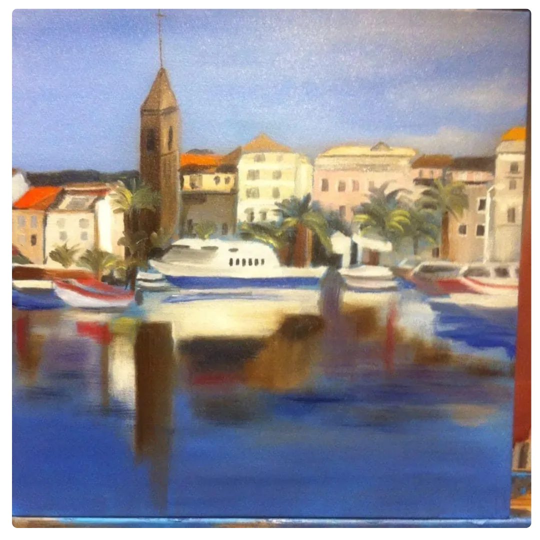 Tableau paysage marin représentant le port de Sanary-sur-Mer, peinture à l’huile inspirée de la Provence.