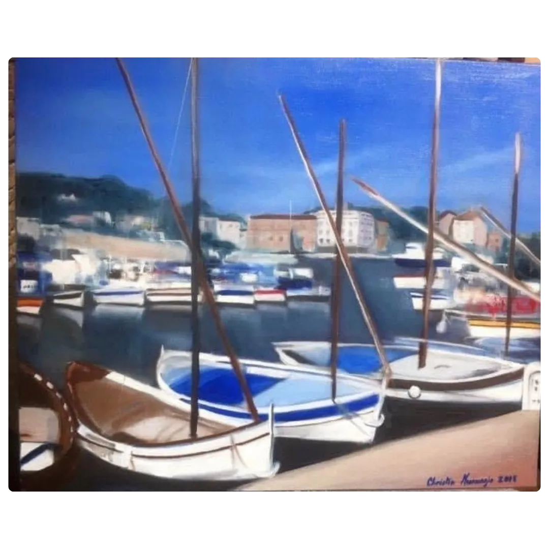 Peinture marine contemporaine du port de Sanary et de ses barques, tableau inspiré du sud de la France.