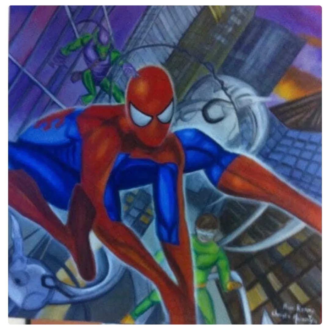 Tableau décoratif enfant représentant un super-héros, peinture vive et dynamique pour chambre d’enfant.