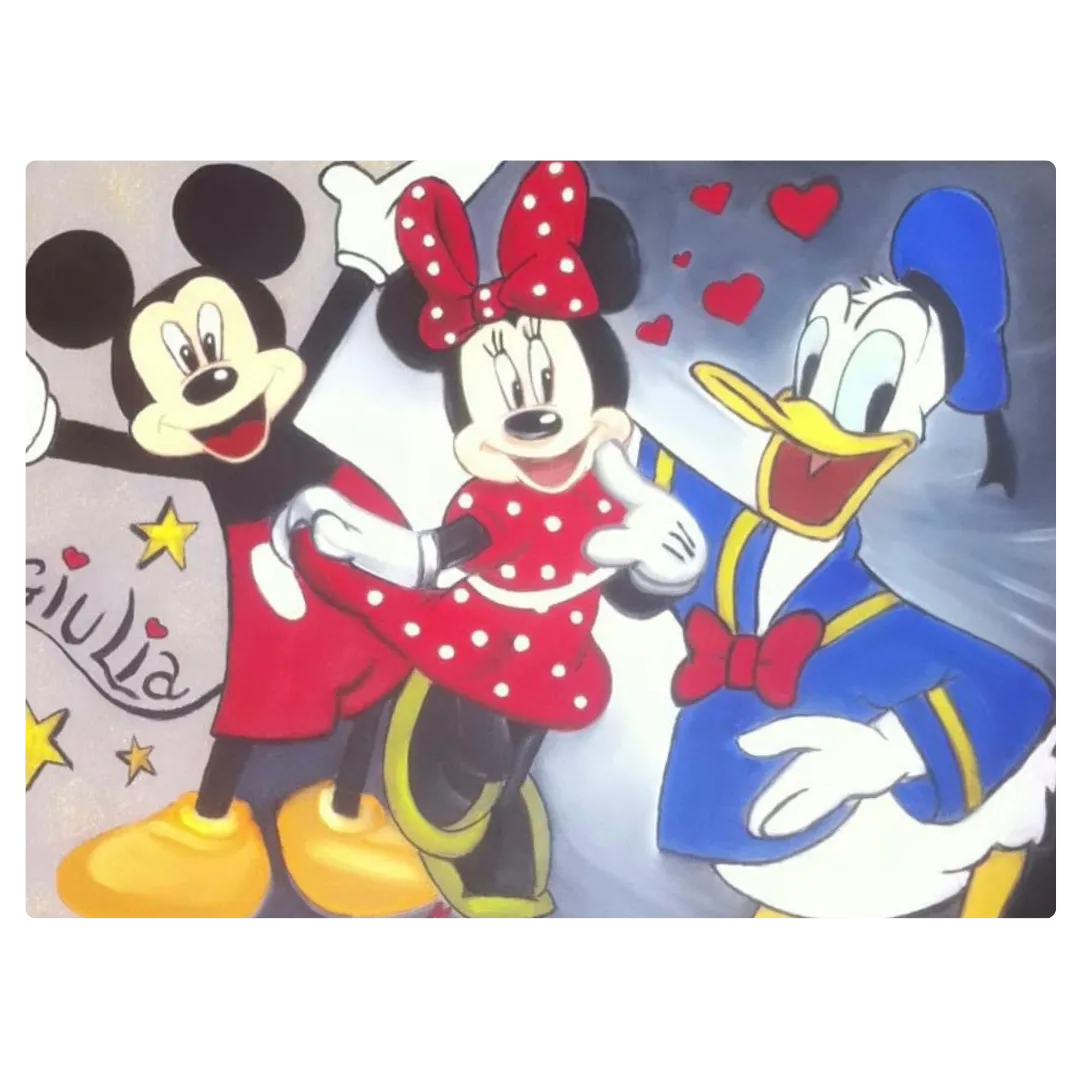 Peinture colorée pour enfant représentant Mickey, Minnie et Donald, tableau décoratif joyeux et unique.