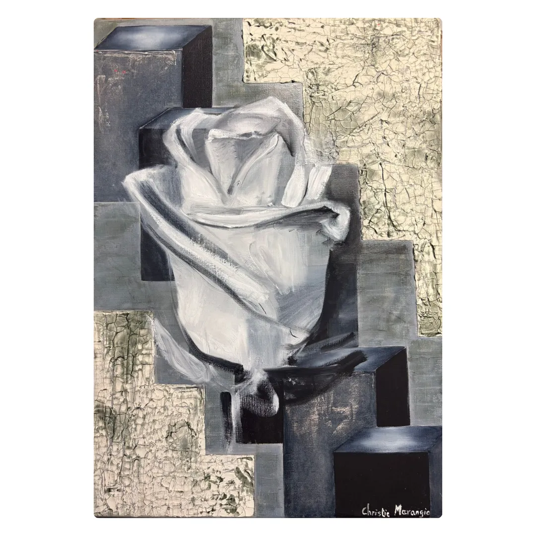 Tableau abstrait design en noir et argent, formes cubiques symbolisant la progression et la réussite.