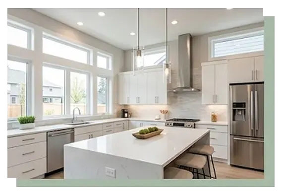 Bright modern white kitchen interior with island counter and large windows