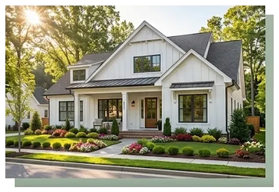 Modern white two-story suburban house with manicured green lawn and trees